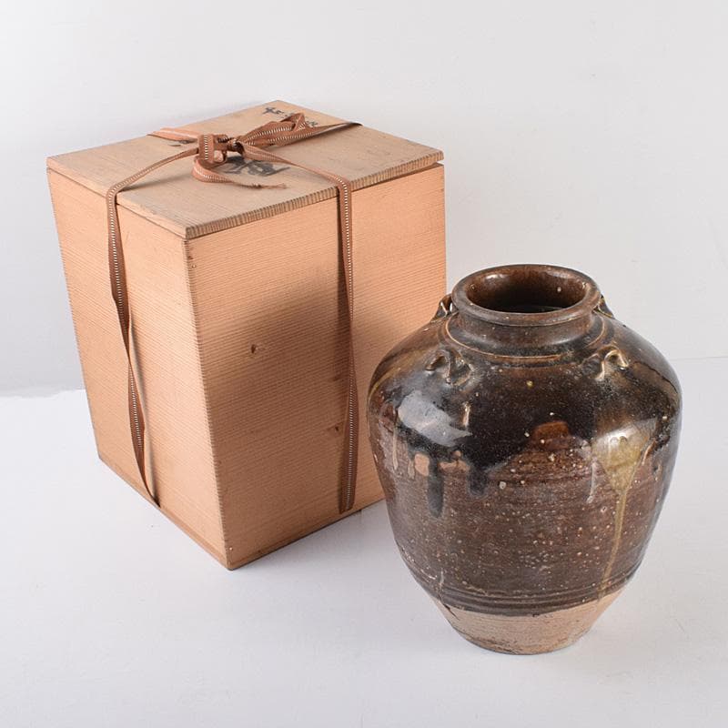 瀬戸焼　古瀬戸　四耳葉茶壷　飾壷　時代箱付　C R4089C