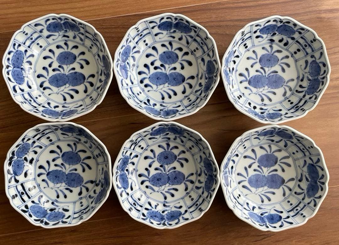 新品 岩永浩 芙蓉手草花文輪花向付 14.5cm 6個セット 染付 有田焼