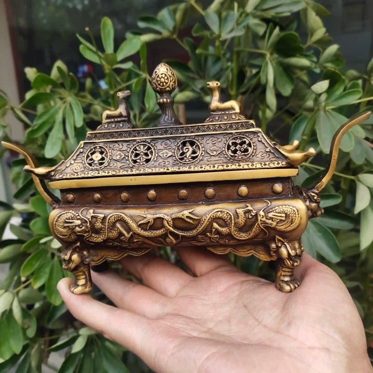 銅 細工 双羊争輝香炉 蔵炉 香道具装飾品 工芸品 置物