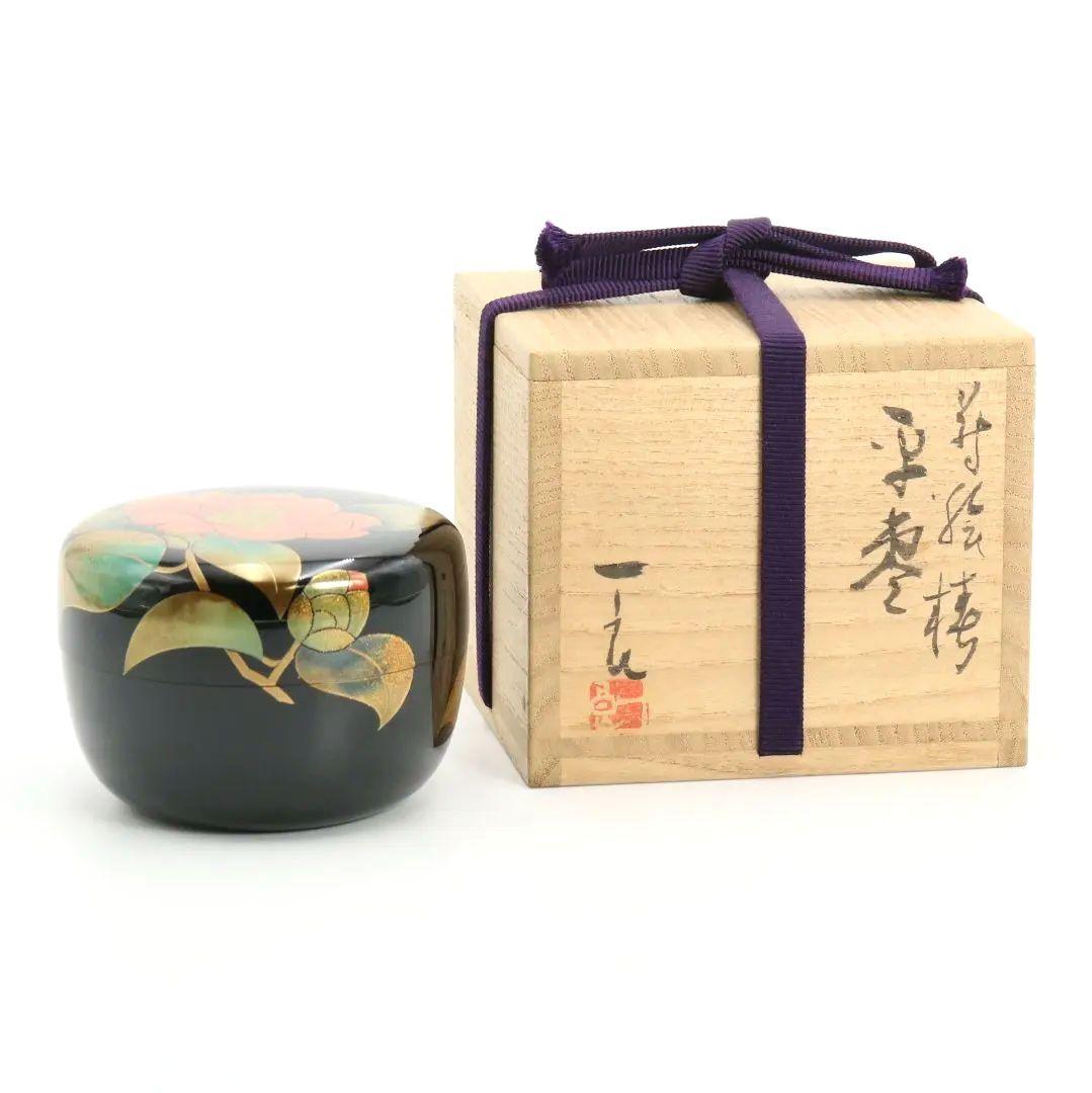 桜井一良作 椿蒔絵 平棗 金梨子地 金蒔絵 茶道具 共箱共布　M347　TC1