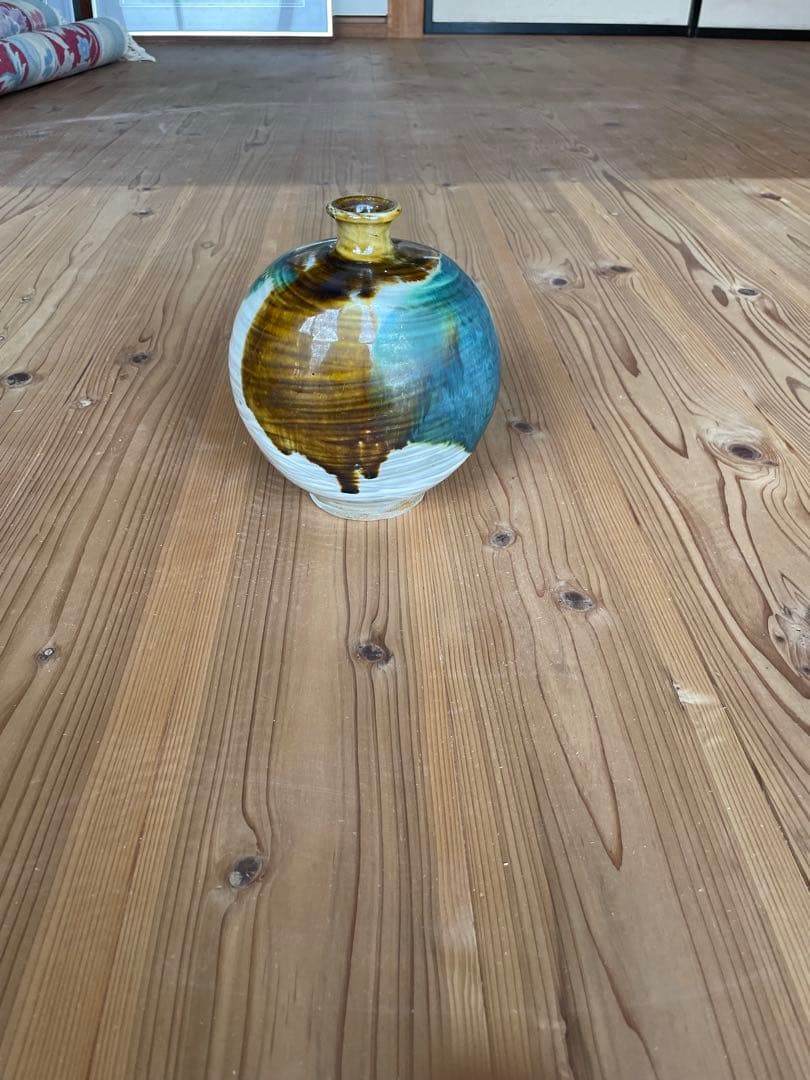 【島根 民藝】湯町窯 丸壺 花瓶 海鼠釉 飴釉 二色掛け 花器 オブジェ