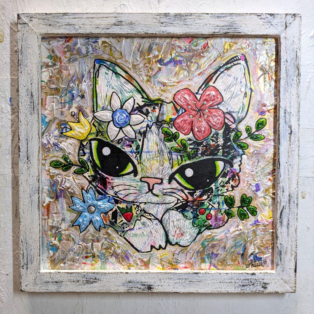 早い物勝ち❗️手作り額付きシルクスクリーン絵画　title「必勝ニャンコ」