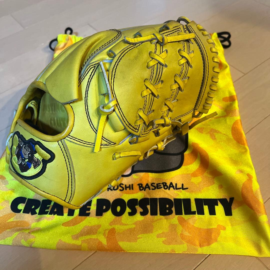 イエロー 硬式野球グローブ ゴリラ刺繍 収納袋付き