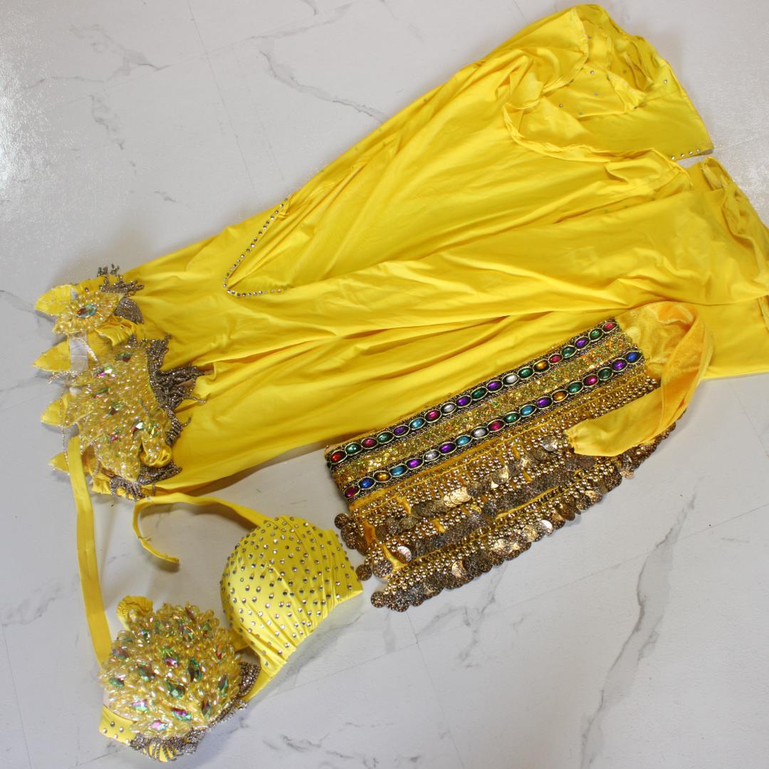 【ベリーダンス用オリエンタル衣装】ビジュークリスタル多数付き イエロー