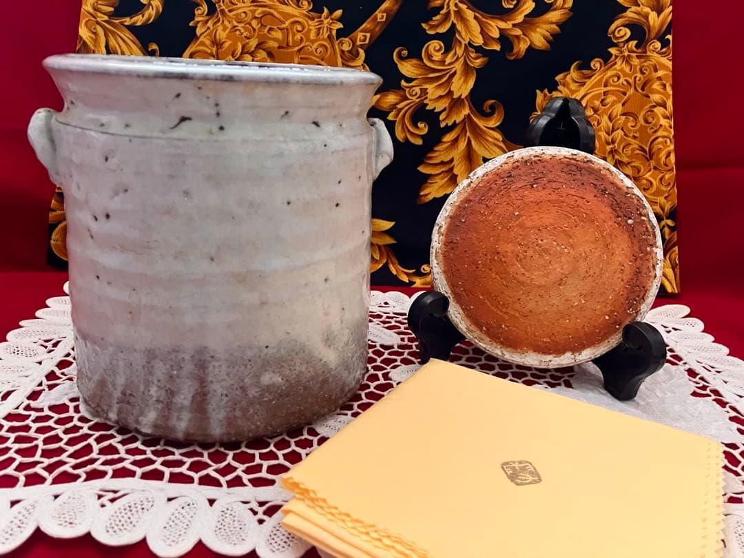 希少　秀逸作　茶道具　人間国宝　十一代三輪休雪（壽雪）　共布　供箱　萩焼　水指