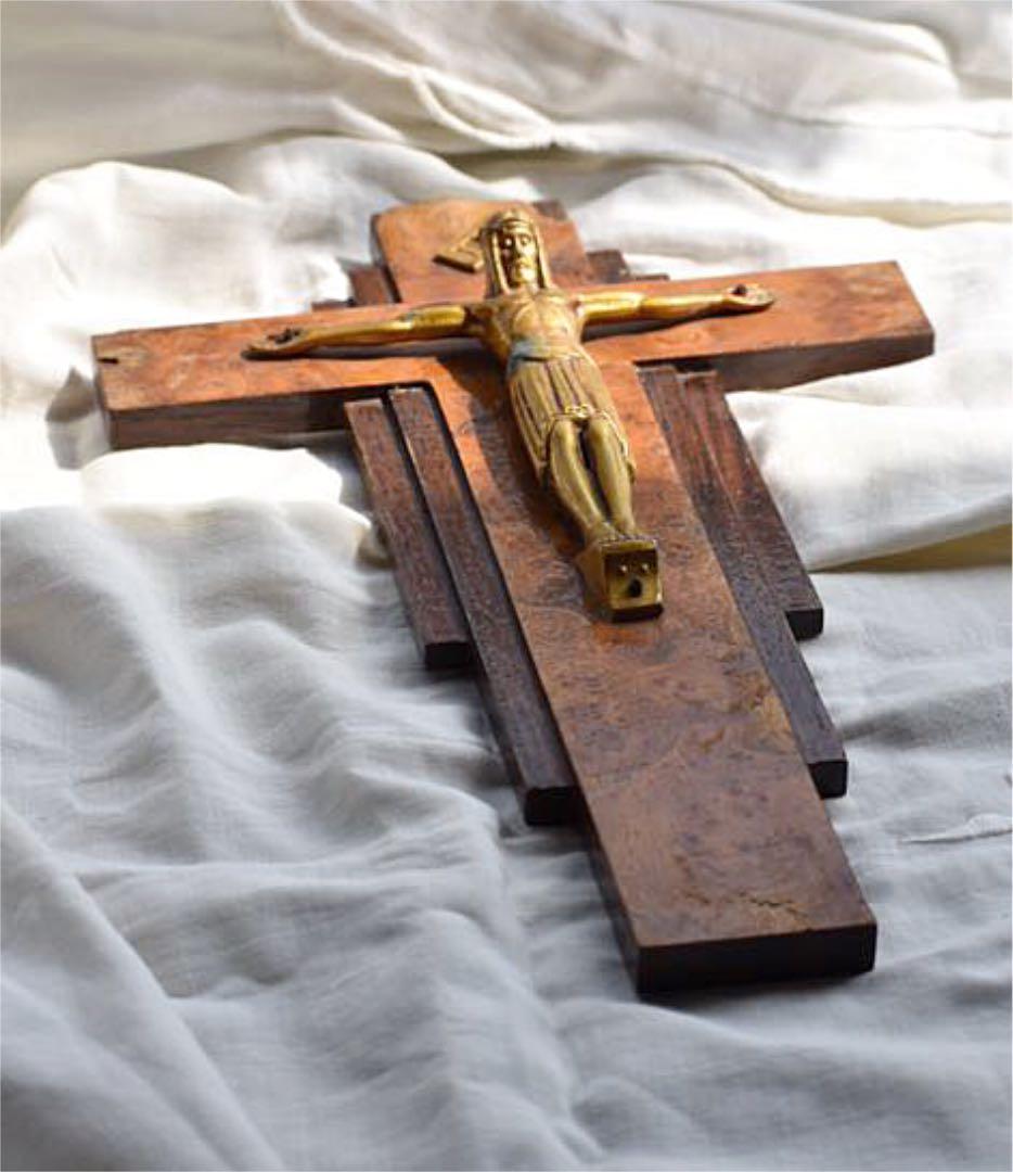 フランスアンティーク 金色レグールキリストと木の十字架 T14