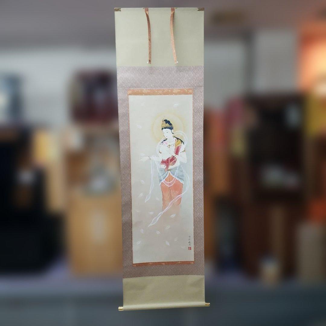 Ｂフライデー　肉筆掛軸★鈴木優莉作 花ひら観音 尺五立★高さ：約189cm