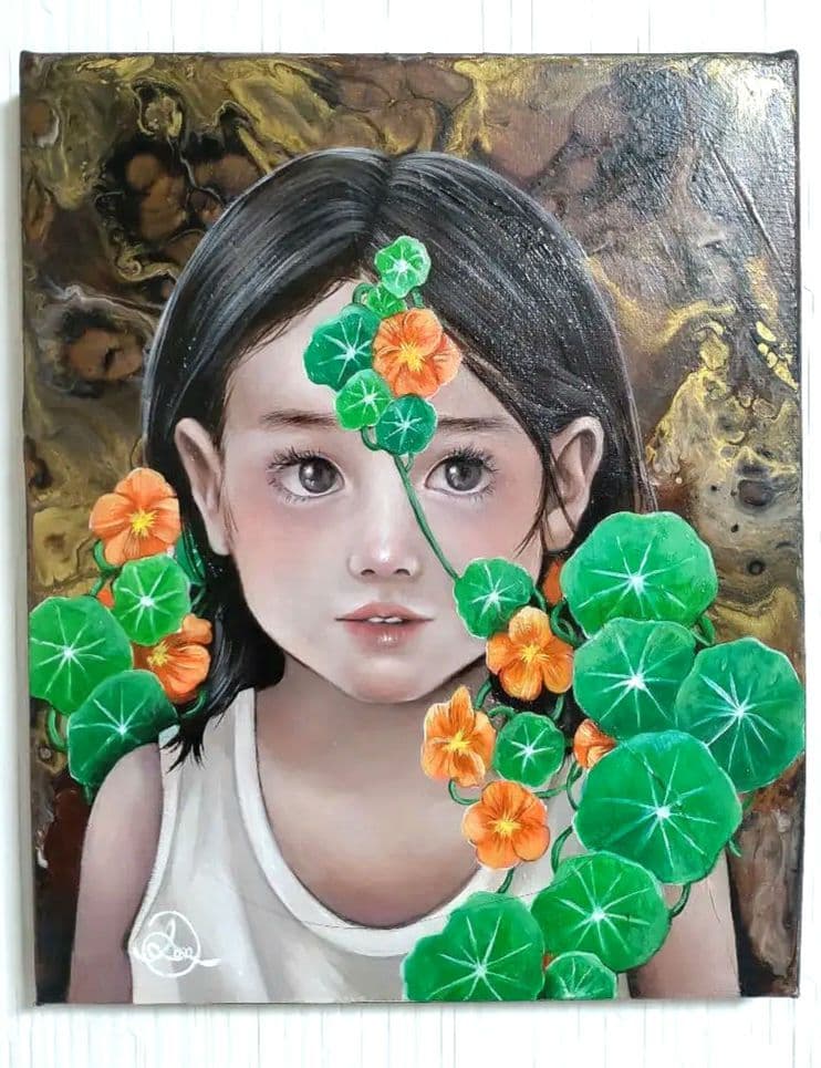 少女の油絵【金蓮花】1点物の原画◆作者サイン入り/F3号キャンバス