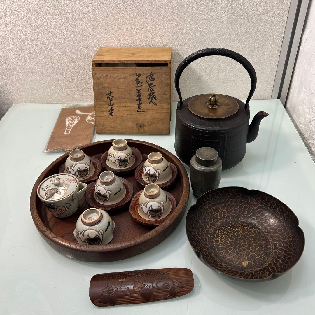 ☆茶道具　九谷焼煎茶器　鉄瓶　錫茶壷　茶盆　銅蟲菓子器☆