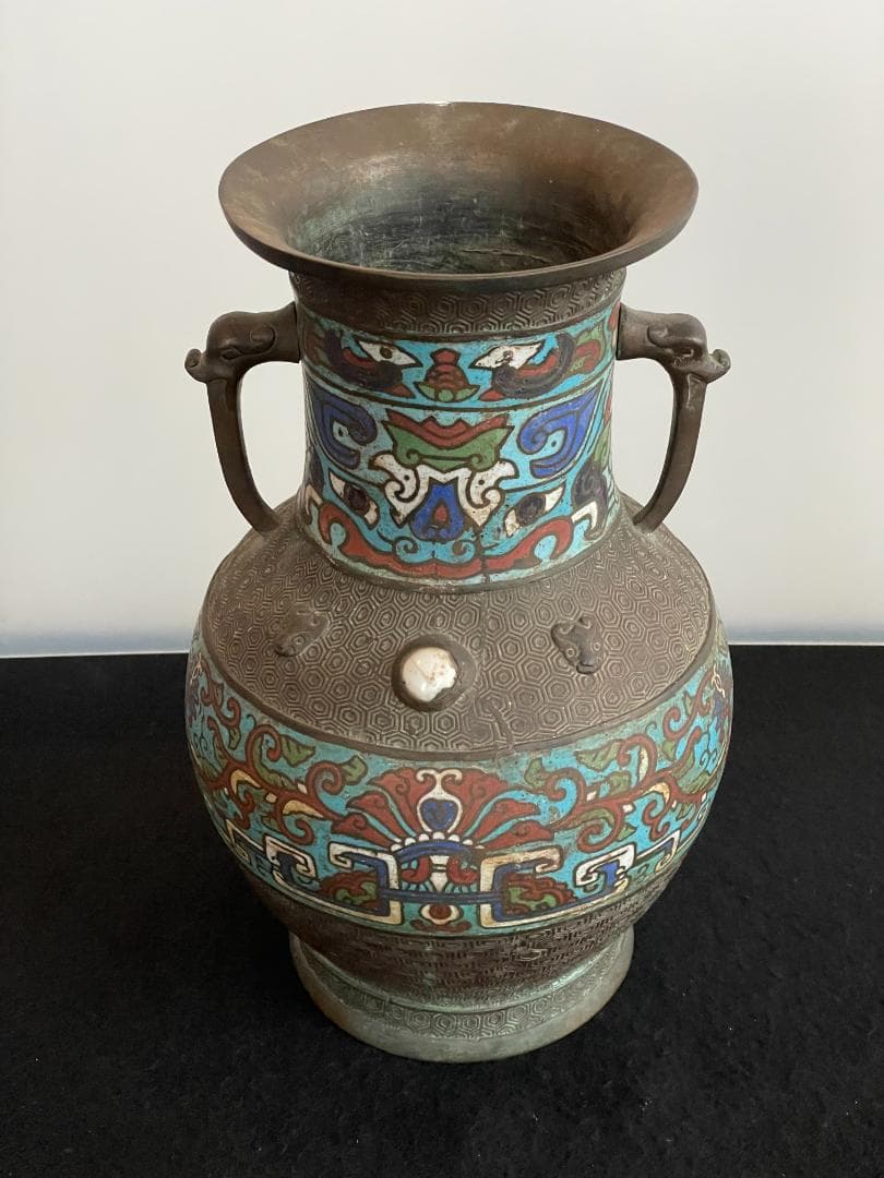 希少 中国 花瓶 壺 美術 古銅 古玩 宝石嵌 翡翠 亀甲文 七宝 双獣耳 龍飾