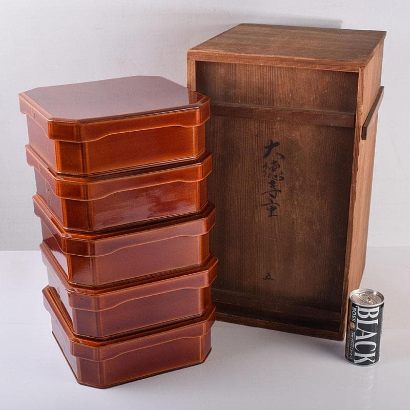 塗師　木村表恵作　木製漆器　大徳寺重　四方五段重箱　共箱　V　R8911H
