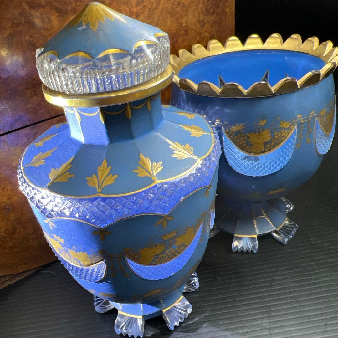 19世紀オールドベネチア　金彩手彫切子デキャンタ、グラスセット　共箱