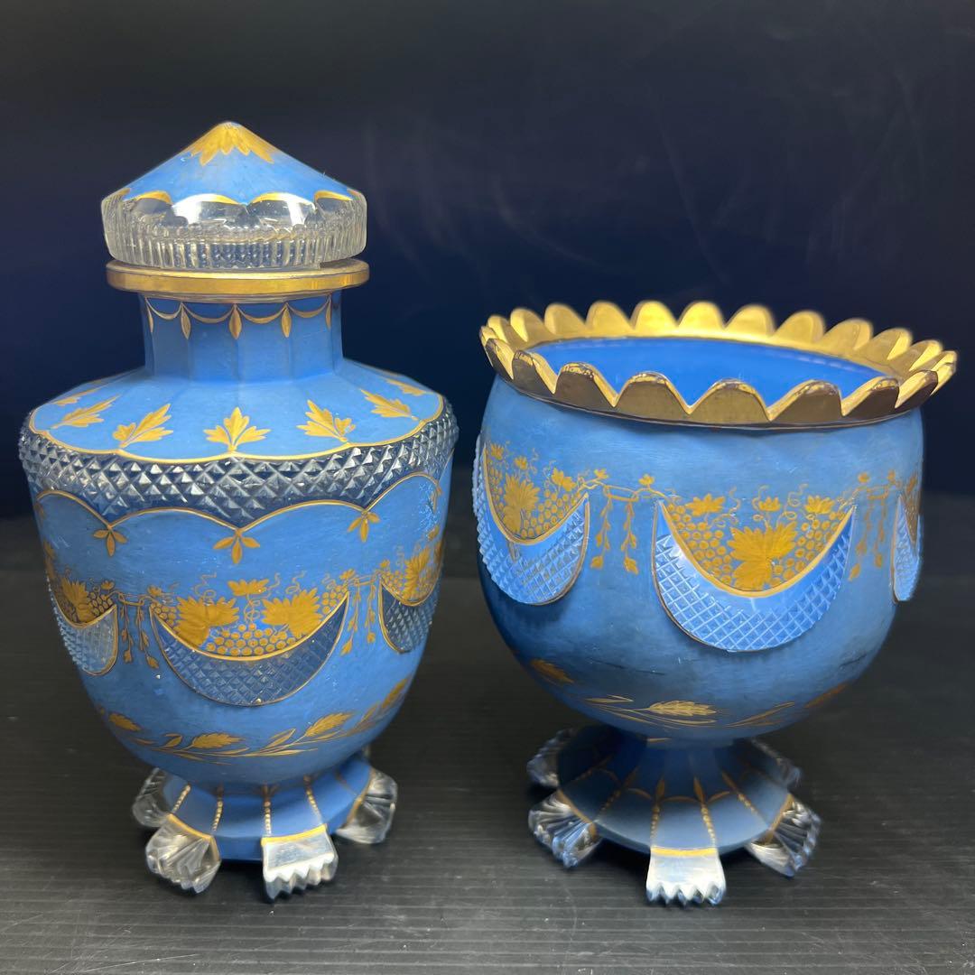 19世紀オールドベネチア　金彩手彫切子デキャンタ、グラスセット　共箱