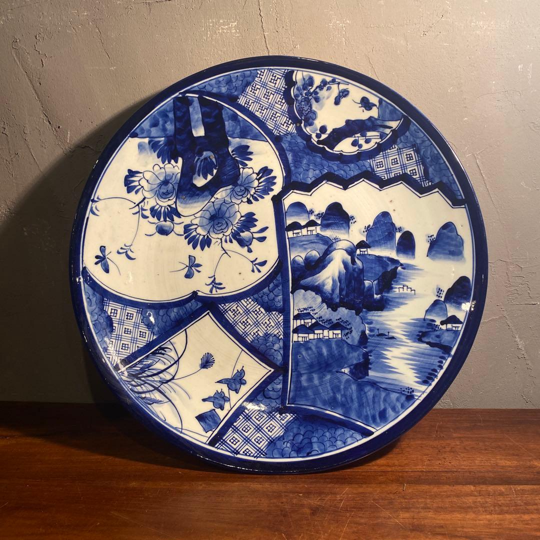骨董品 古伊万里 40.5cm染付大皿 ベロ藍 山水画 花鳥文 江戸後期