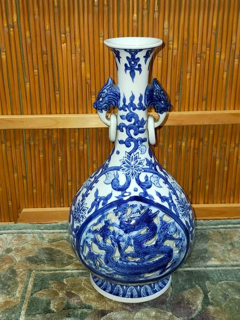 ♥値下げ！♥中国　染付　双耳　花瓶　大明成化年製　龍　鳳凰　骨董　古玩