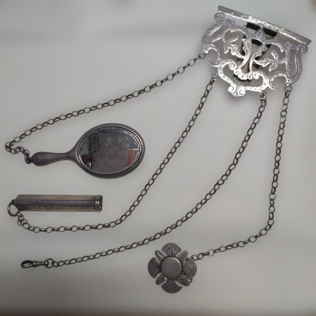 アンティーク　シルバー　シャトレーン　シャトレーヌ　スターリング　手鏡　フォブ