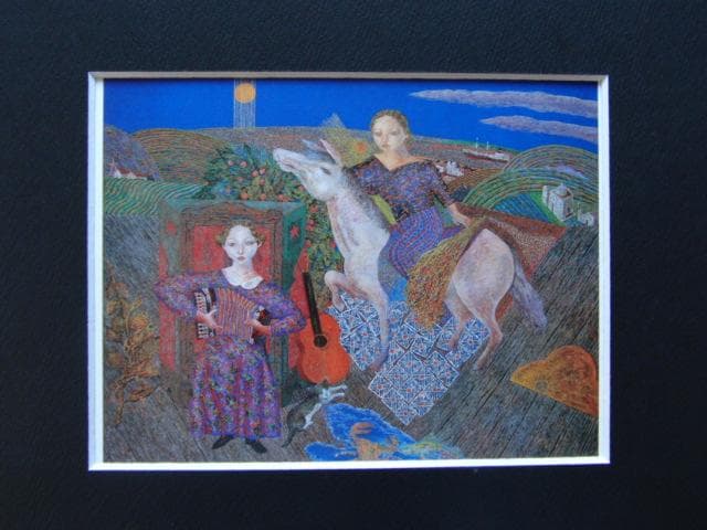 山本達郎、【緑なす丘陵】、希少な画集画、新品高級額・額装付