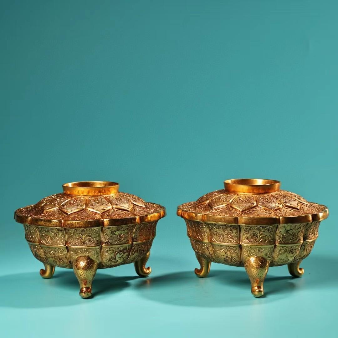 中国古美術・旧蔵鎏金茶碗の缶のセット・純銅細密彫・純手作り・高浮彫・置物・茶道具
