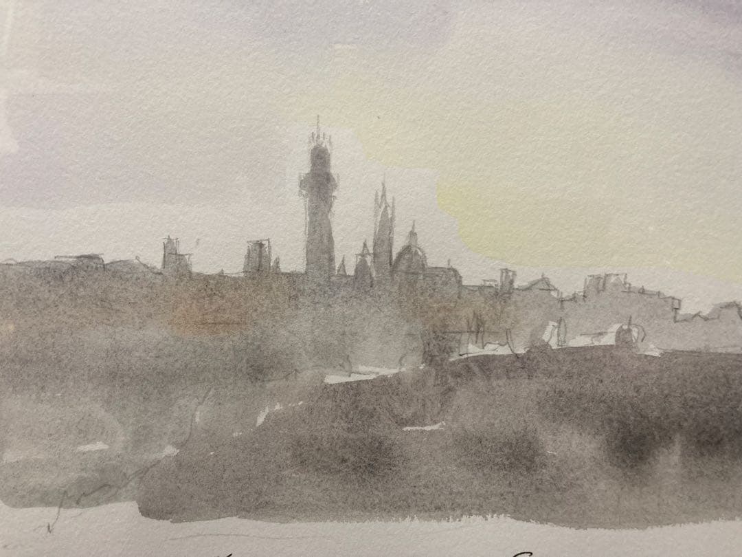 水彩 肉筆 イタリア風景画【佐々木 薫】 「冬のシエーナ」 「美術大鑑」掲載作家
