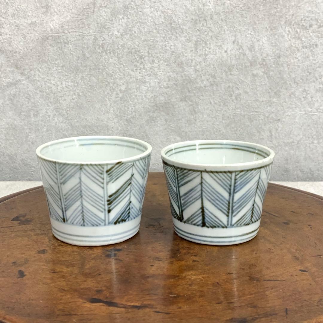 蕎麦猪口 2点 染付 矢羽根文 幾何学模様 江戸 時代 小鉢 アンティーク B②