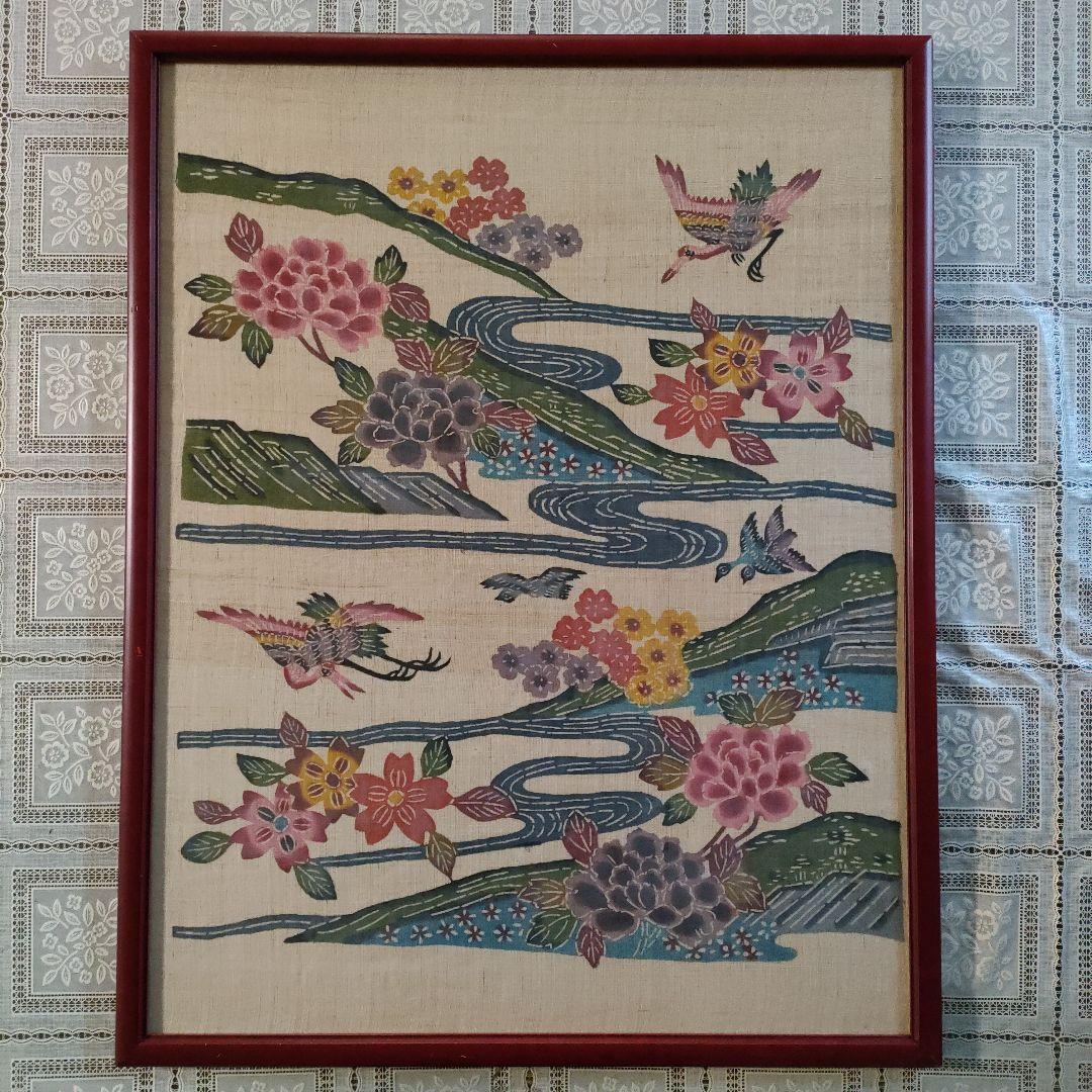 琉球伝統工芸 大判芭蕉布　紅型『恵寿花鳥図』