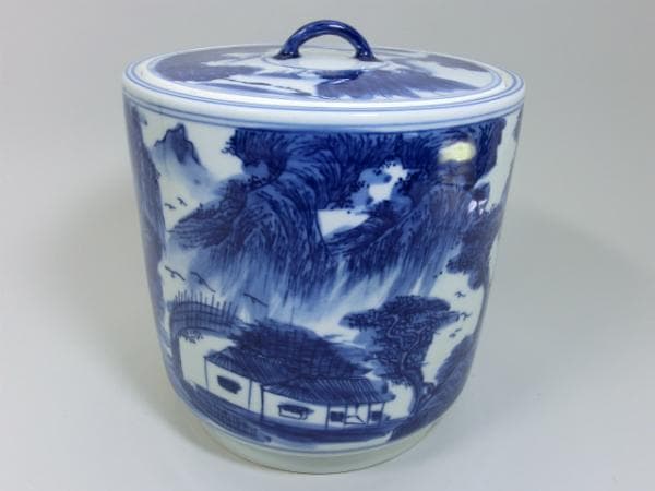 水指■青華山水 染付 景徳鎮 古玩 お茶道具 茶器 名窯 骨董品 古美術■