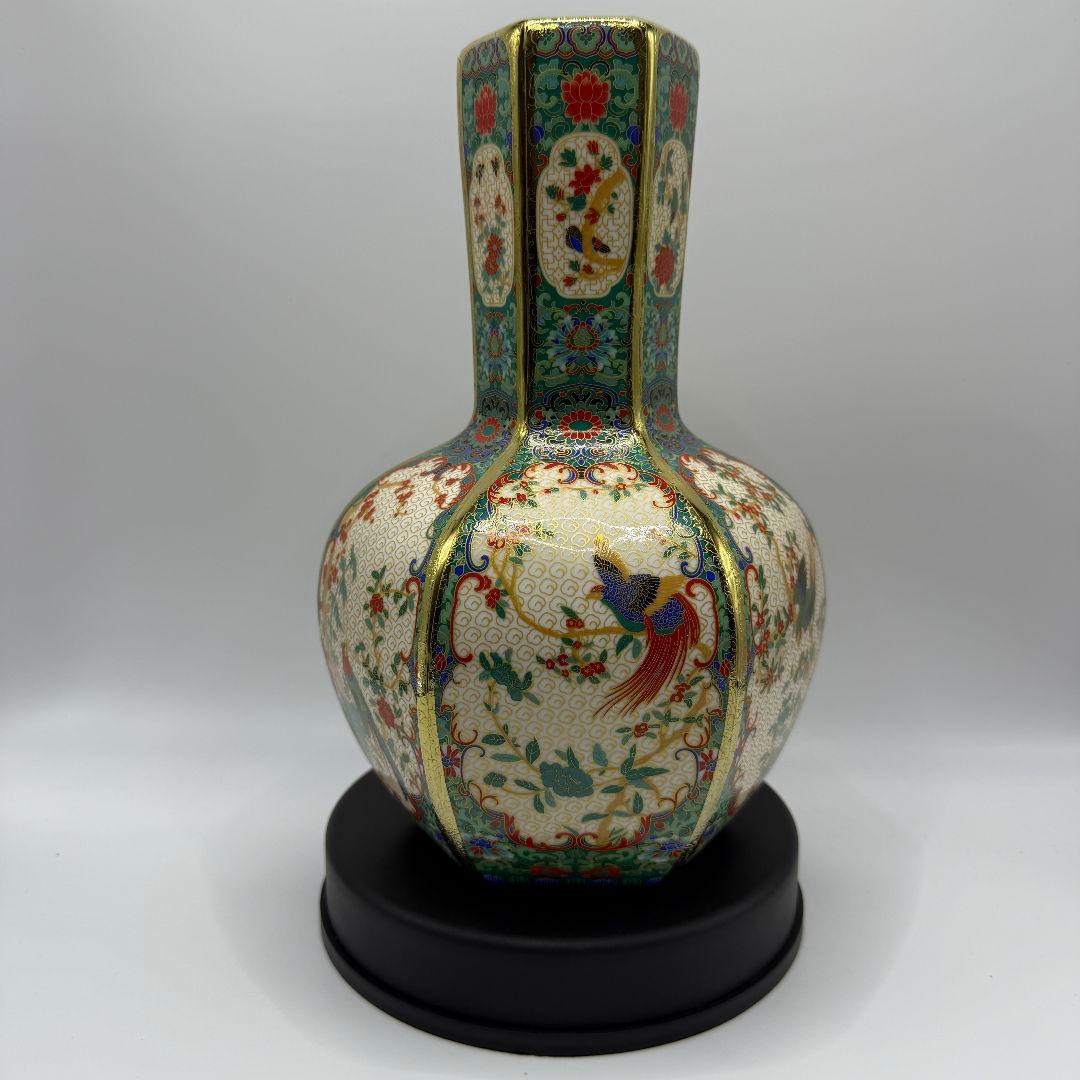 R106 彩色蒔金緑釉花鳥五稜梅瓶 花瓶（かびん）陶磁器 アンティーク