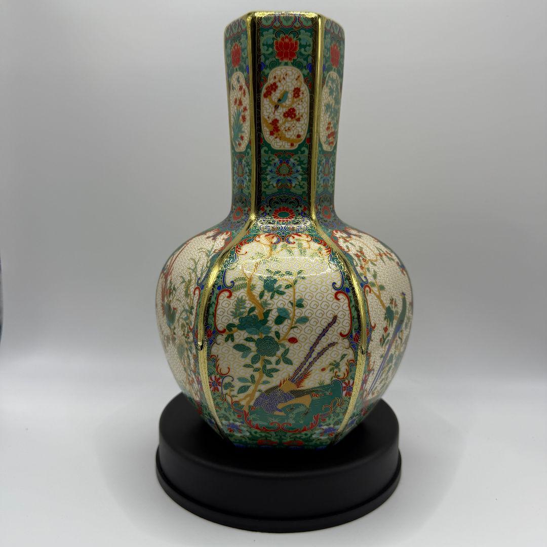 R106 彩色蒔金緑釉花鳥五稜梅瓶 花瓶（かびん）陶磁器 アンティーク
