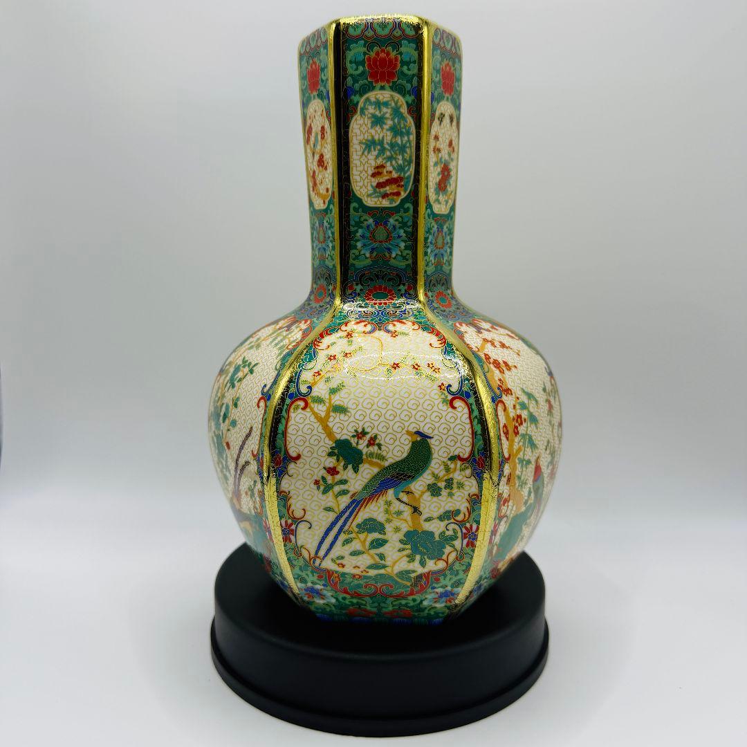 R106 彩色蒔金緑釉花鳥五稜梅瓶 花瓶（かびん）陶磁器 アンティーク