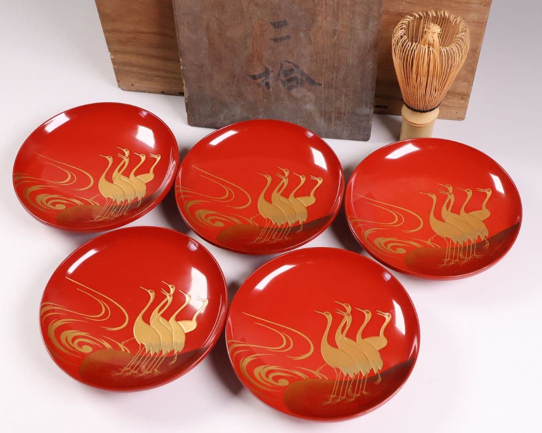 【CM372】時代木製漆器 光琳写 金蒔絵 群鶴図 朱塗 引盃 五客 小皿 杯