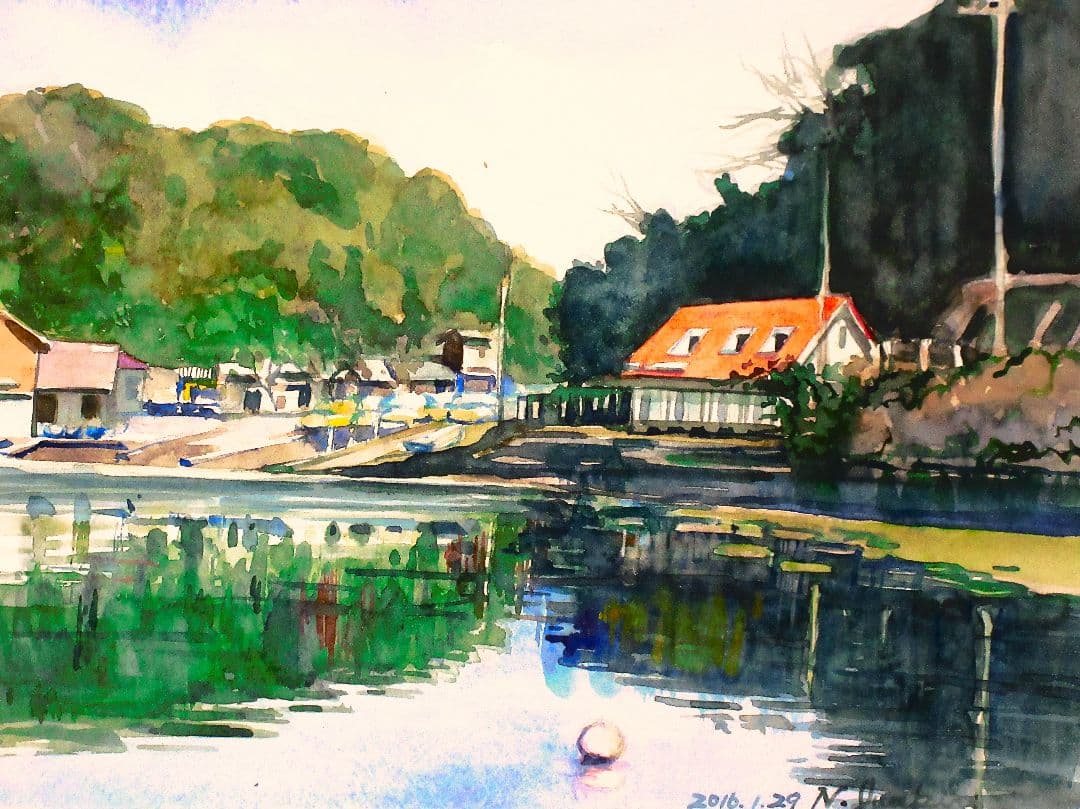 赤い屋根の別荘(水彩画 木製フレーム付き)