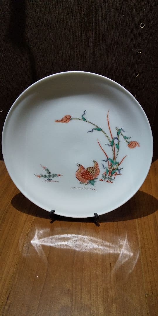 第13代 酒井田柿右衛門 錦粟鶉文 額皿 共箱・共布・陶歴・包装紙・外箱