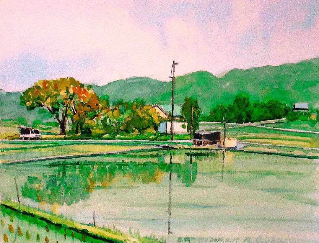 田園風景 水彩画 フレーム付き 原画 F6サイズ