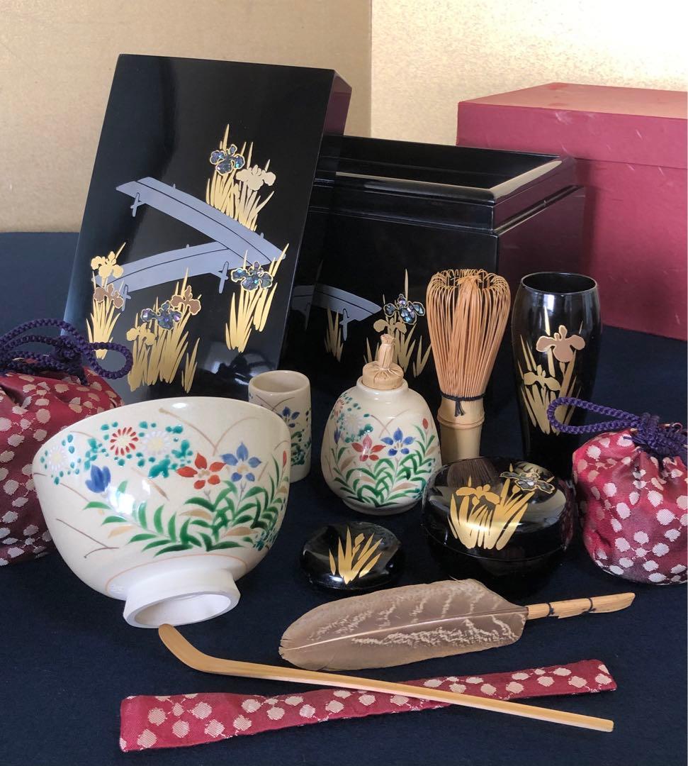 《R》杜若に八橋蒔絵 螺鈿 茶箱 お茶道具9点 仕覆付 元箱 260203く4