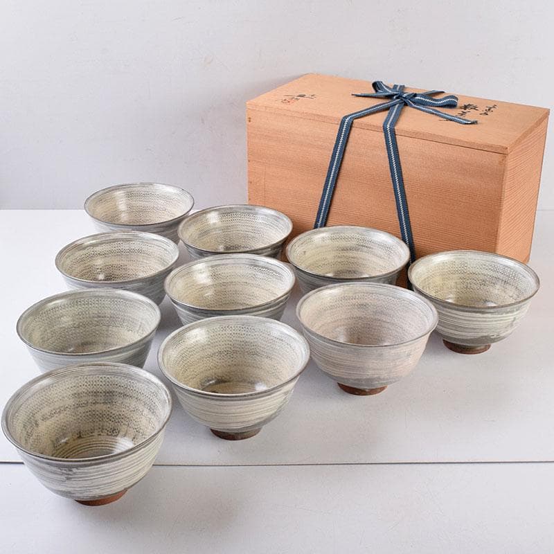 リンゴスパンキー 　京焼　玉欽作　三島手　数茶碗　十客　共箱　8535D