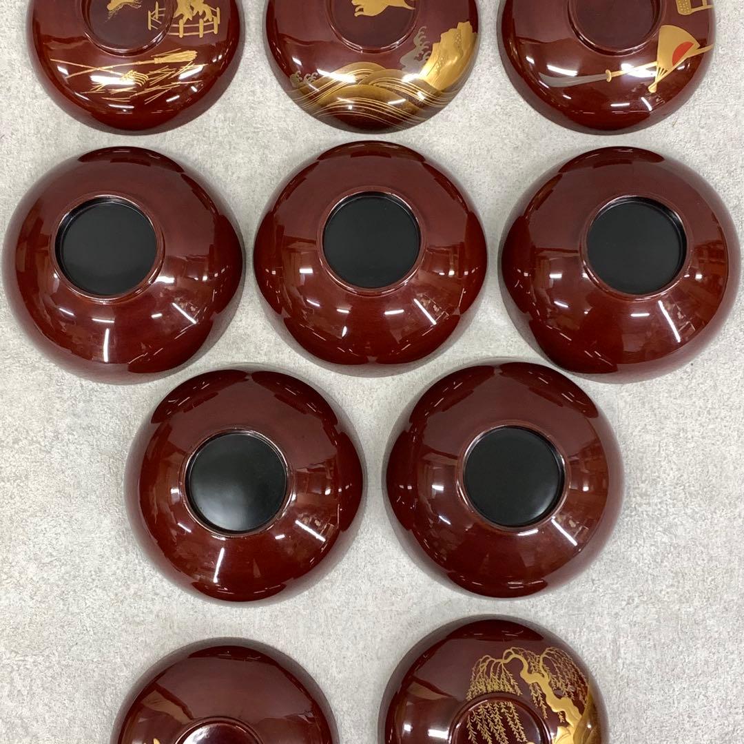 吸物椀 5客 絵変わり 塗り 溜絵 正月 賀正 金彩 汁椀 雑 D