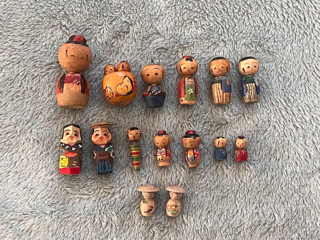 ミニチュアこけし15体　木製　手作り　首振りこけし　最小1センチ　昭和30年代