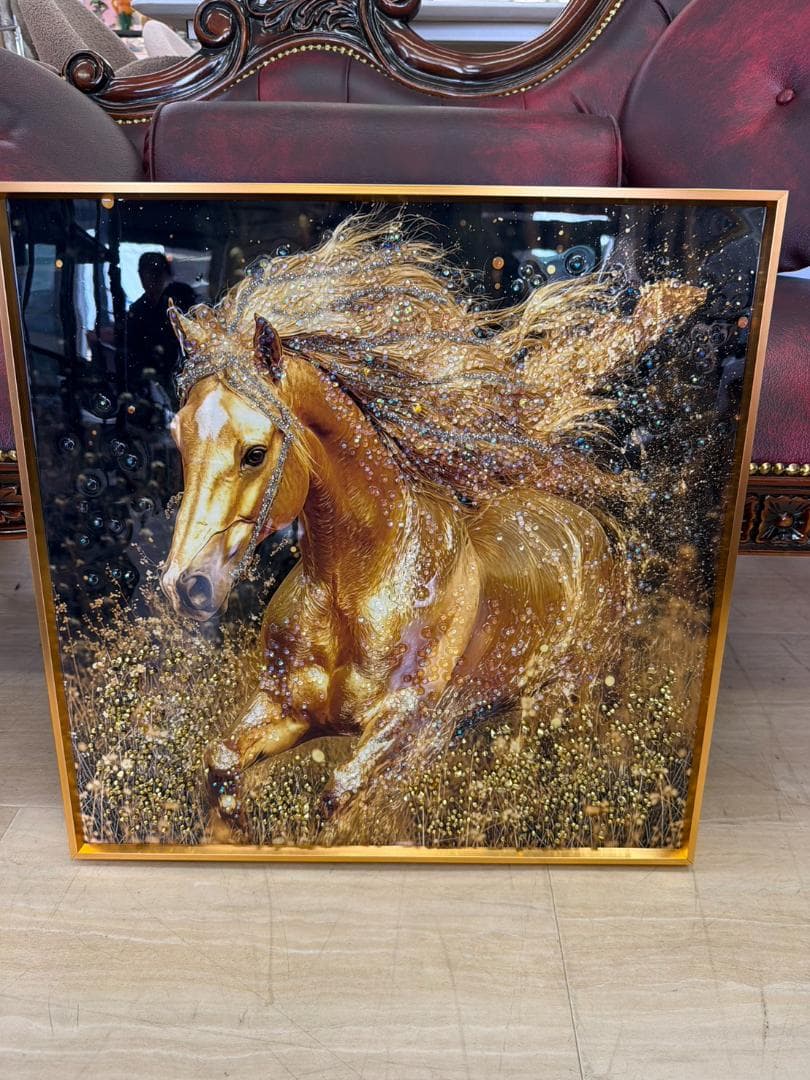 アートパネル　馬　ゴールド　水晶絵　キラキラ　金運　絵　額縁　壁掛け　アート