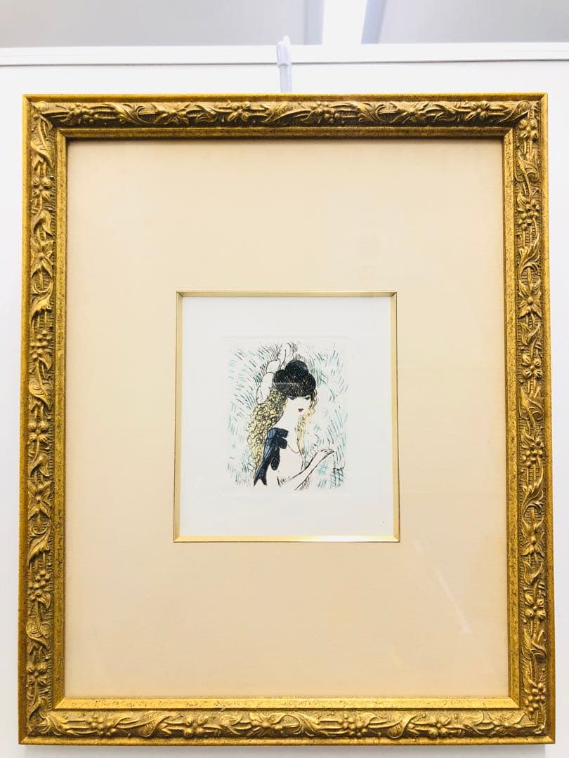 マリーローランサン 茶色い髪の少女 小さな絵画　エッチング 額縁つき