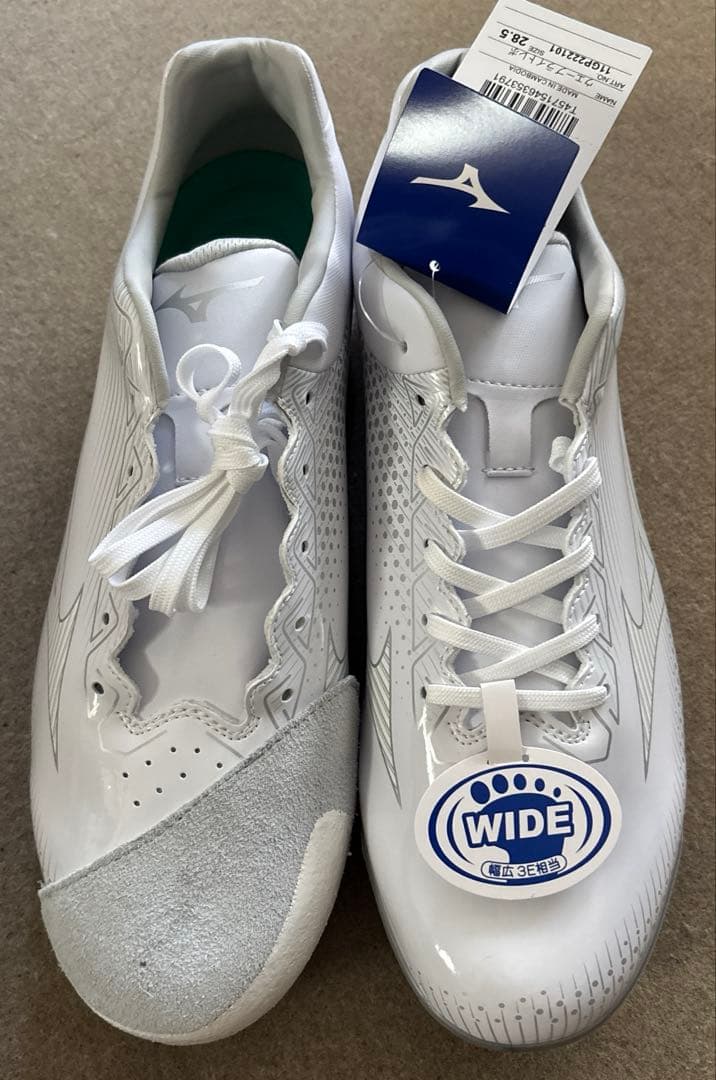 新品未使用！MIZUNO 野球ホワイトスパイク28.5cm【右P革付き】