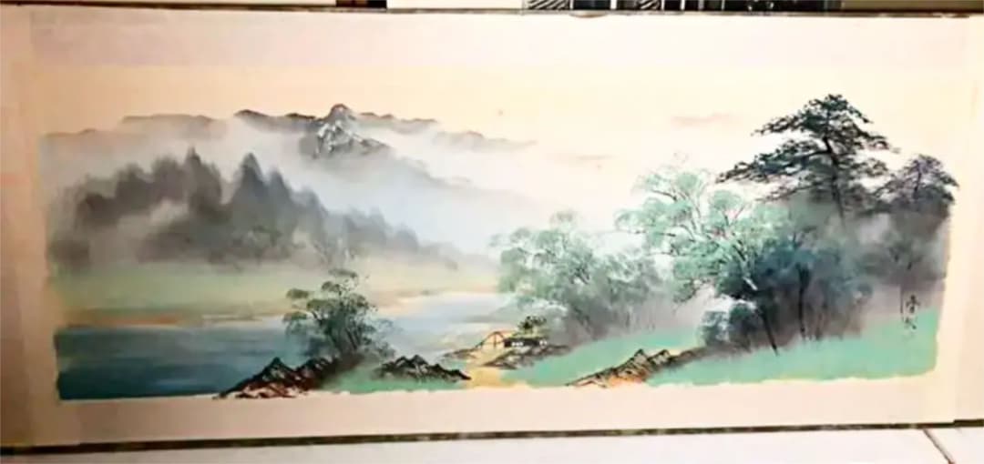 骨董品 石原春秋の風景画 「山水」鑑定書付