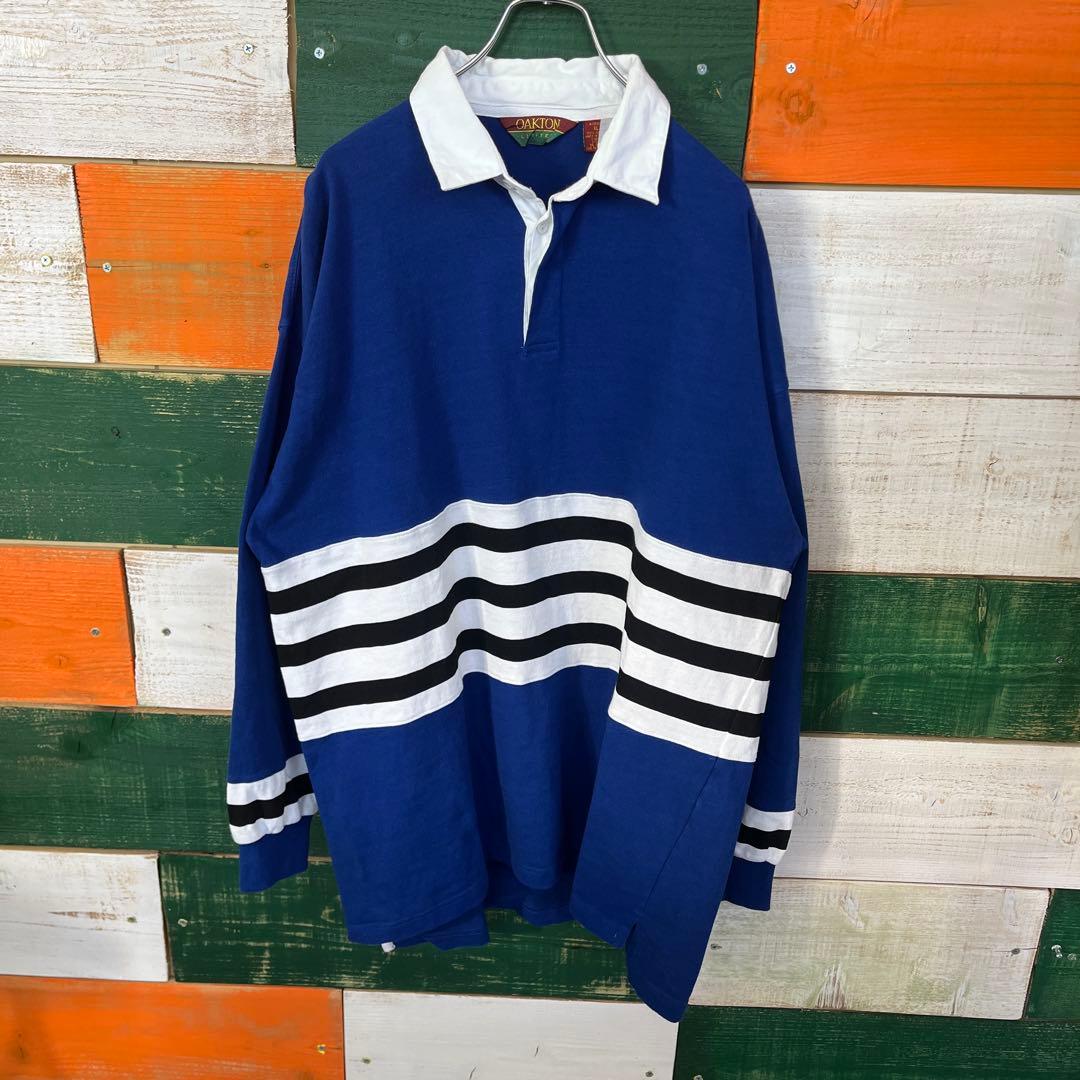 OAKTON ラガーシャツ XL 青/白/黒ストライプ 80’s 古着