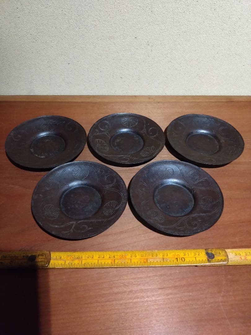 鉄の煎茶道具 鉄製 三つ葉葵 繋ぎ紋 茶托 五客 鉄器 茶道具