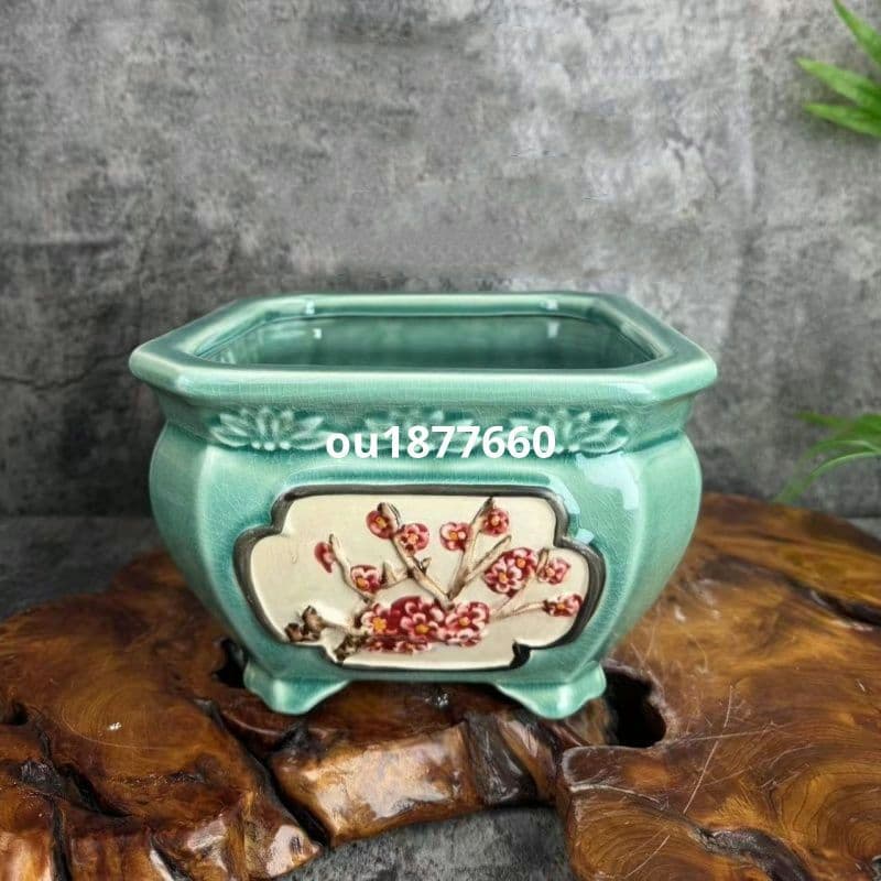 四方緑氷割れ手彩浮彫鉢 盆栽鉢 青磁鉢 多肉植物 植木鉢 小品大品盆栽鉢 置物