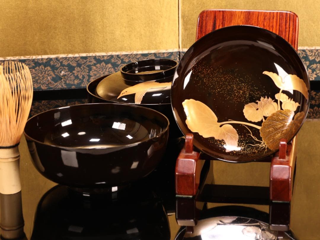 アリサ　BK413　時代輪島塗　蓮図金蒔絵　吸物椀　二客　木製　茶道具