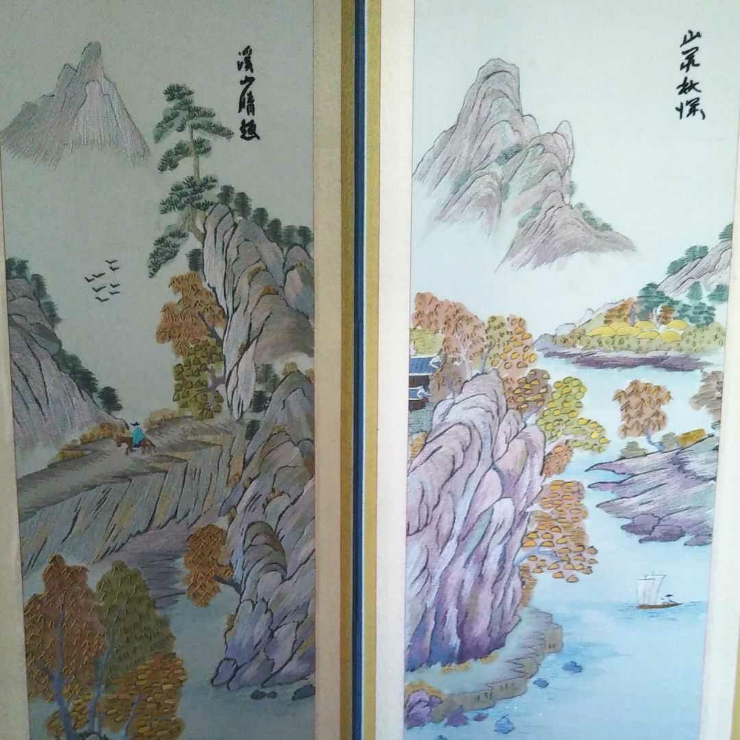 ※[引き取り限定‼]※中国古美術/四季山水図刺繍屏風【作者不詳】