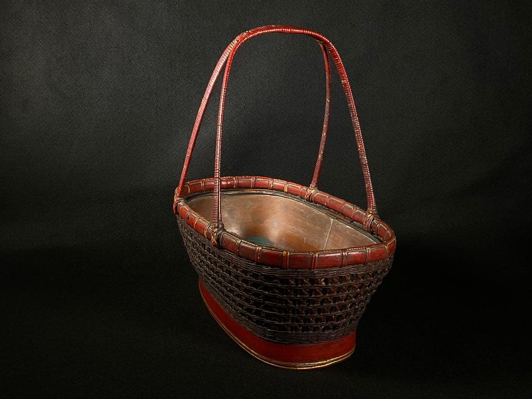 民藝　竹籠　竹編み籠　花籠　花入れ　花器　銅器付き　華道　茶道具