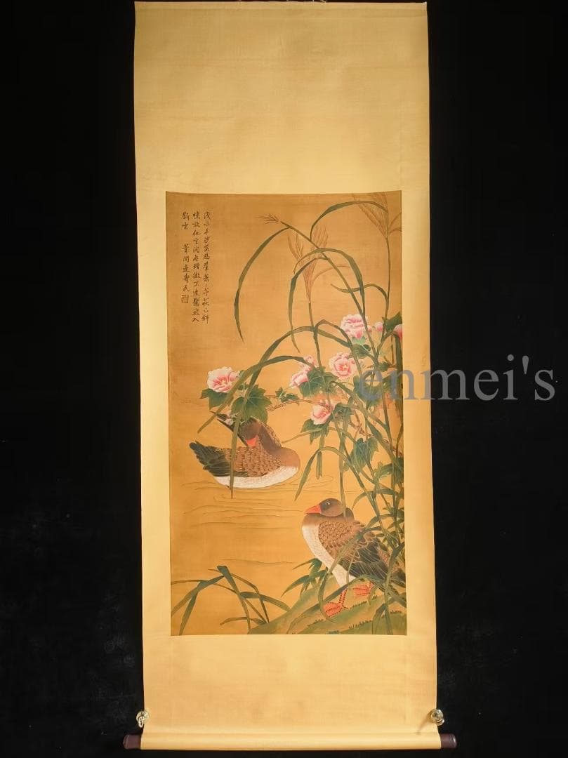 中国古美術 清代 邊寿民作款 水鳥と花図 絹本 四尺 手描き 掛け軸 書 中堂画