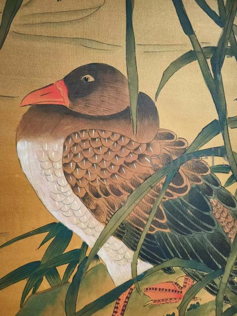 中国古美術 清代 邊寿民作款 水鳥と花図 絹本 四尺 手描き 掛け軸 書 中堂画