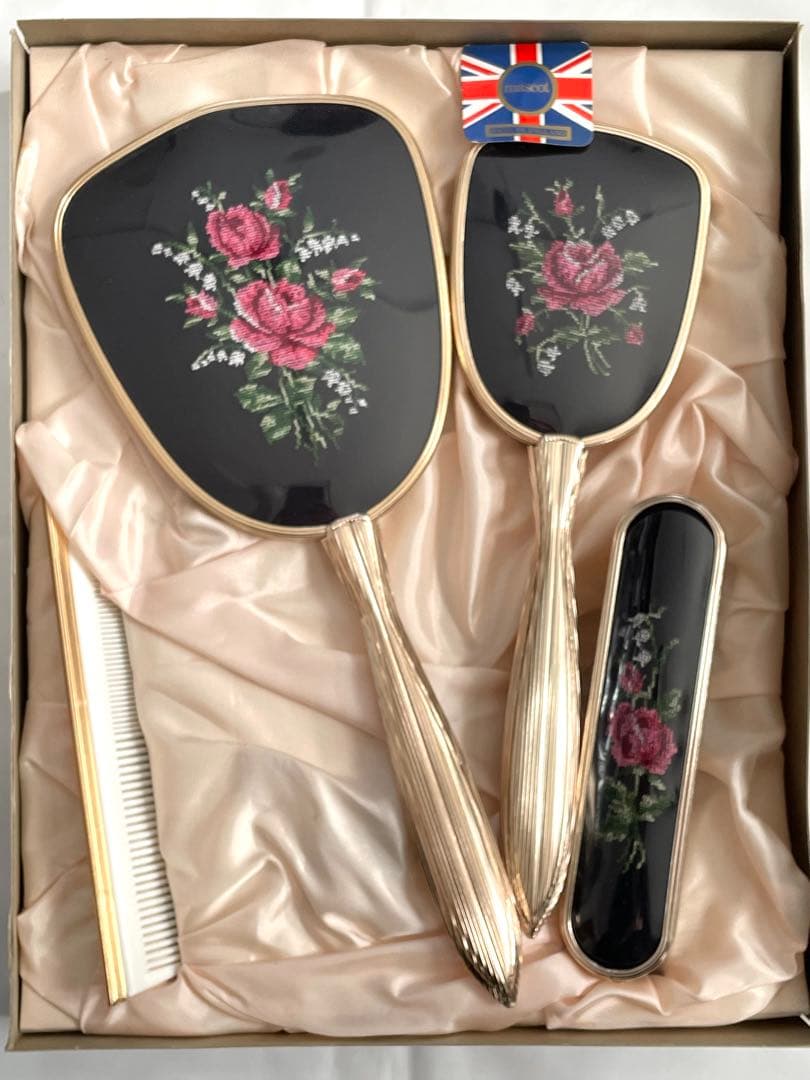 イギリス製 mascot 花柄 化粧台セット アンティーク ミラーブラシセット